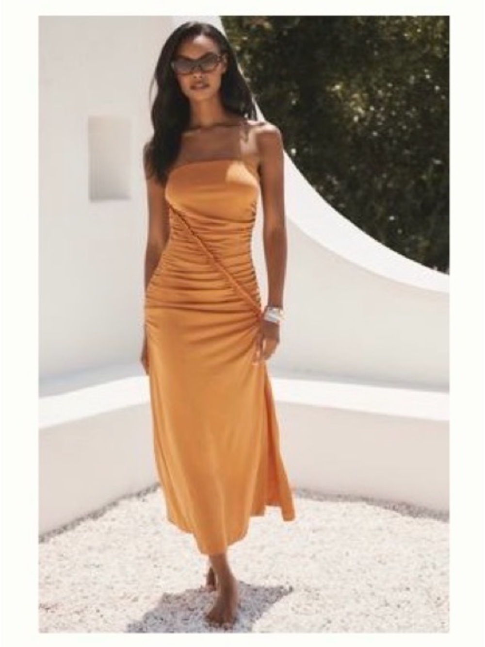 NWT Anthropologie Ruched Satin Midi Dress in Amber Gold